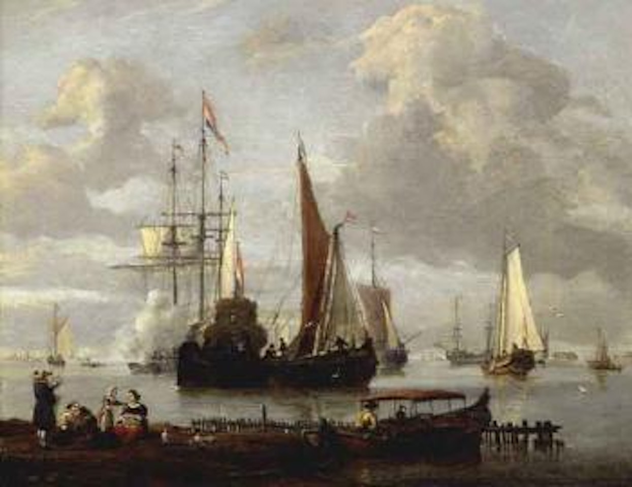 Family picnicking on a river bank, a kaag, a frigate firing a salute and other shipping in a calm by Abraham Storck