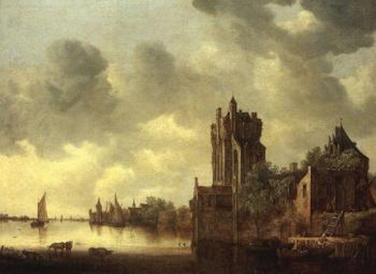River landscape with cows watering by fortified tower by Jan van Goyen