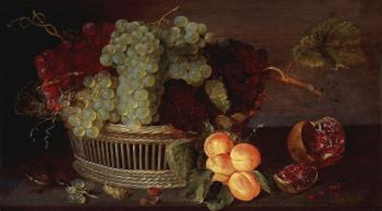 Grapes in a basket, pomegranate and bunch of apricots with sparrow on ledge by Isaak Soreau