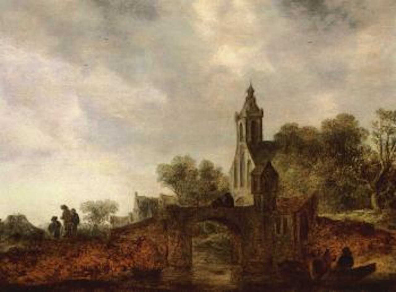 River landscape with travellers near a bridge by Jan van Goyen