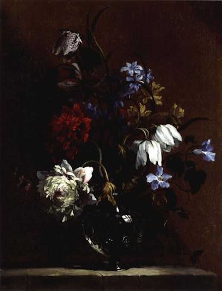 Flowers in glass vase on stone ledge by Jean Baptiste Monnoyer