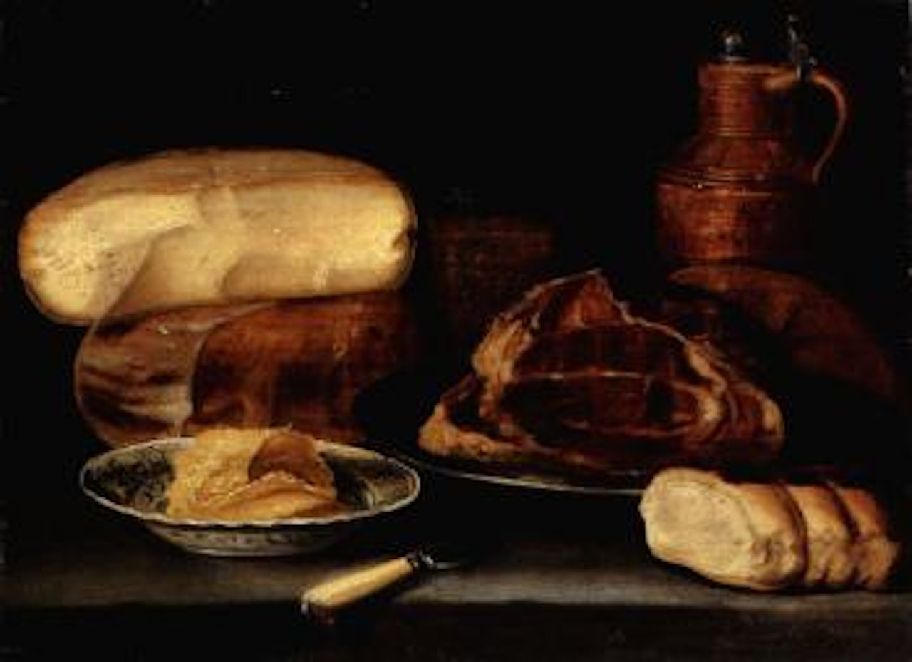 Ham on pewter dish, cheesestack, jug, glass and butter on ledge by Sebastian Stosskopf