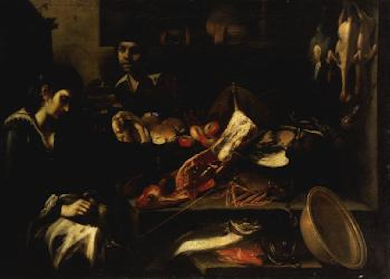 Kitchen interior with girl plucking bird and boy holding kindling wood by Giuseppe Recco