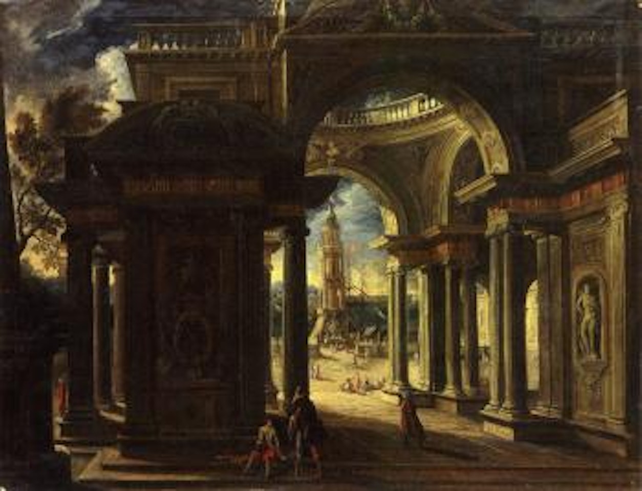 Architectural capriccio of loggia of baroque palace by Viviano Codazzi