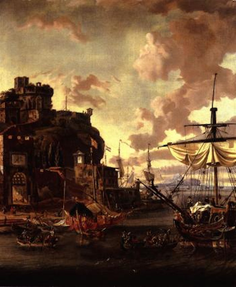 Capriccio of Mediterranean port with men-o'-war and figures by Abraham Storck