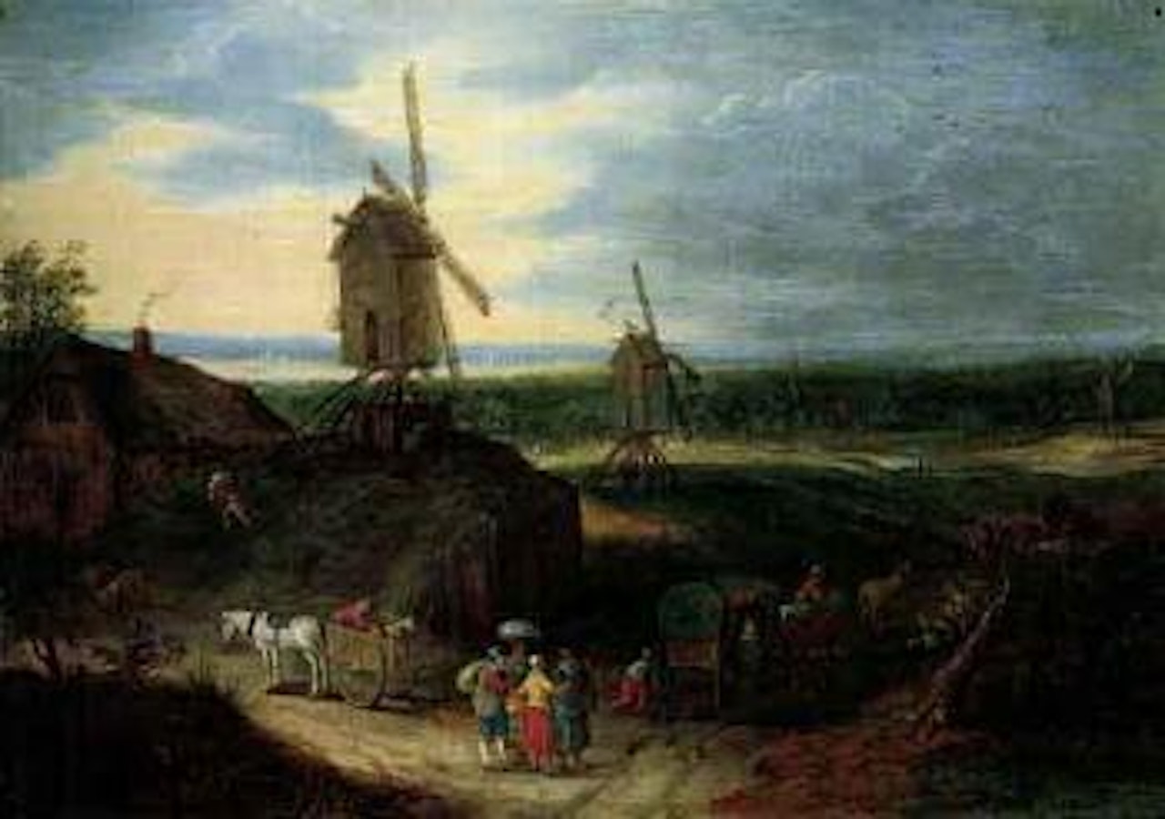 Open landscape with travellers conversing by windmill by Jan Brueghel the Younger