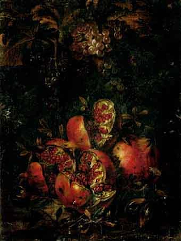 Still life of pomegranates, figs and grapes in landscape setting by Abraham Brueghel