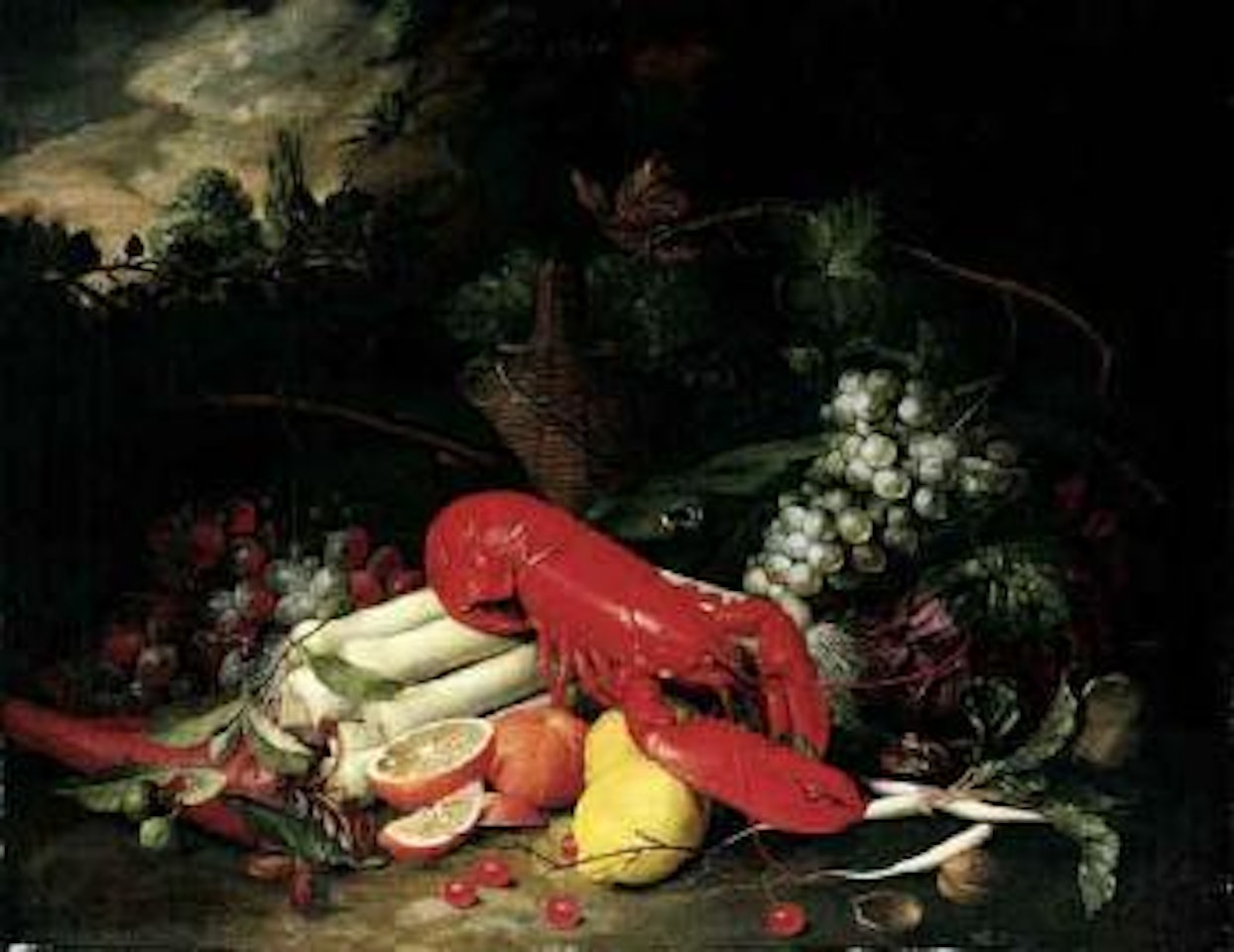 Still life of lobster, leeks, carrots and wine in landscape setting by Jan Pauwel Gillemans