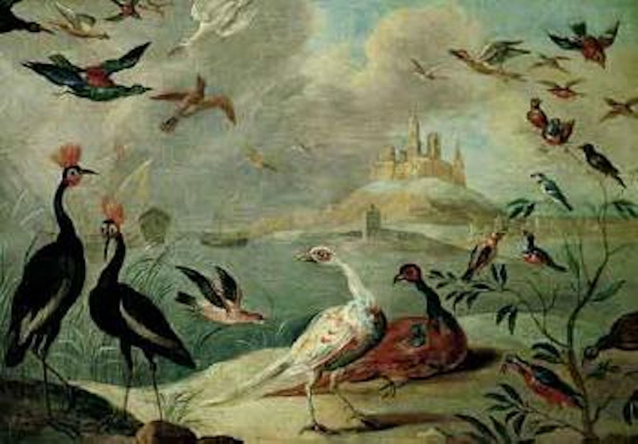 Pheasants and other fowl in coastal landscape. Herons and other fowl in river landscape by Jan Van Kessel The Elder