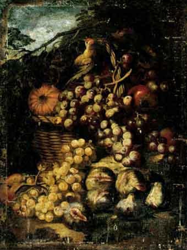 Still life of red grapes, melon and apples with song bird in landscape setting by Abraham Brueghel
