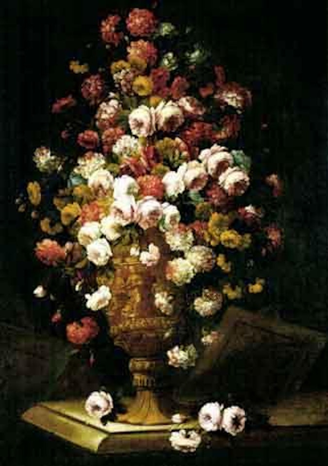 Still life of roses and carnations in sculpted urn by Jean Baptiste Monnoyer