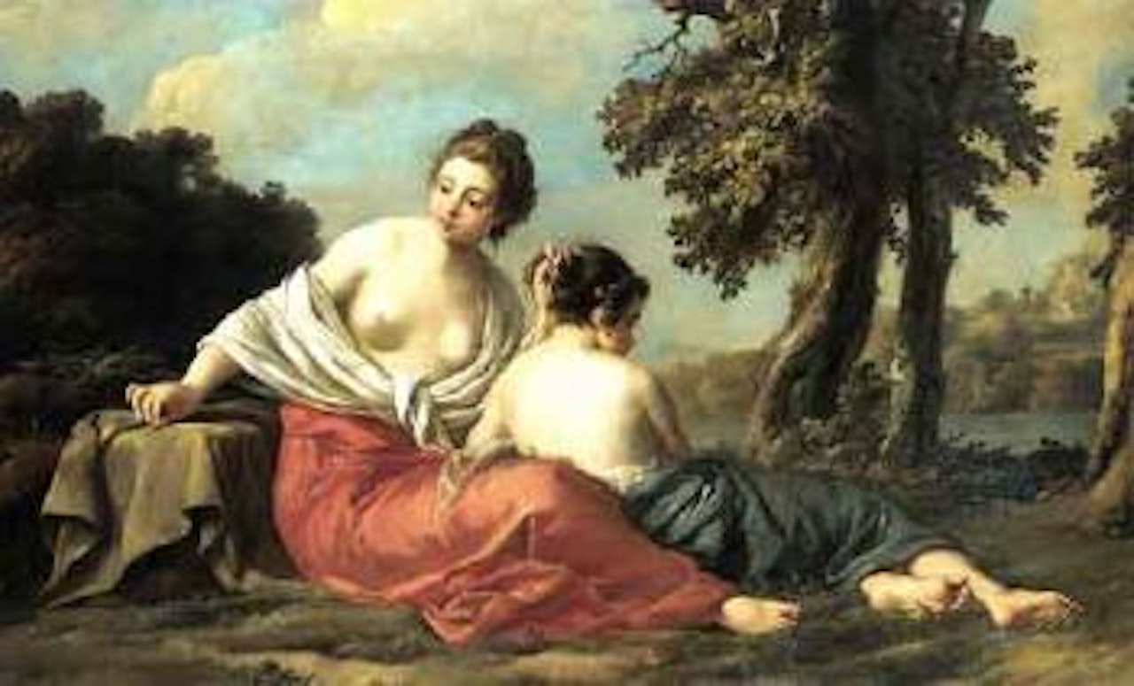Girl tying up another girl hair by a riverbank by Jean Baptiste Marie Pierre