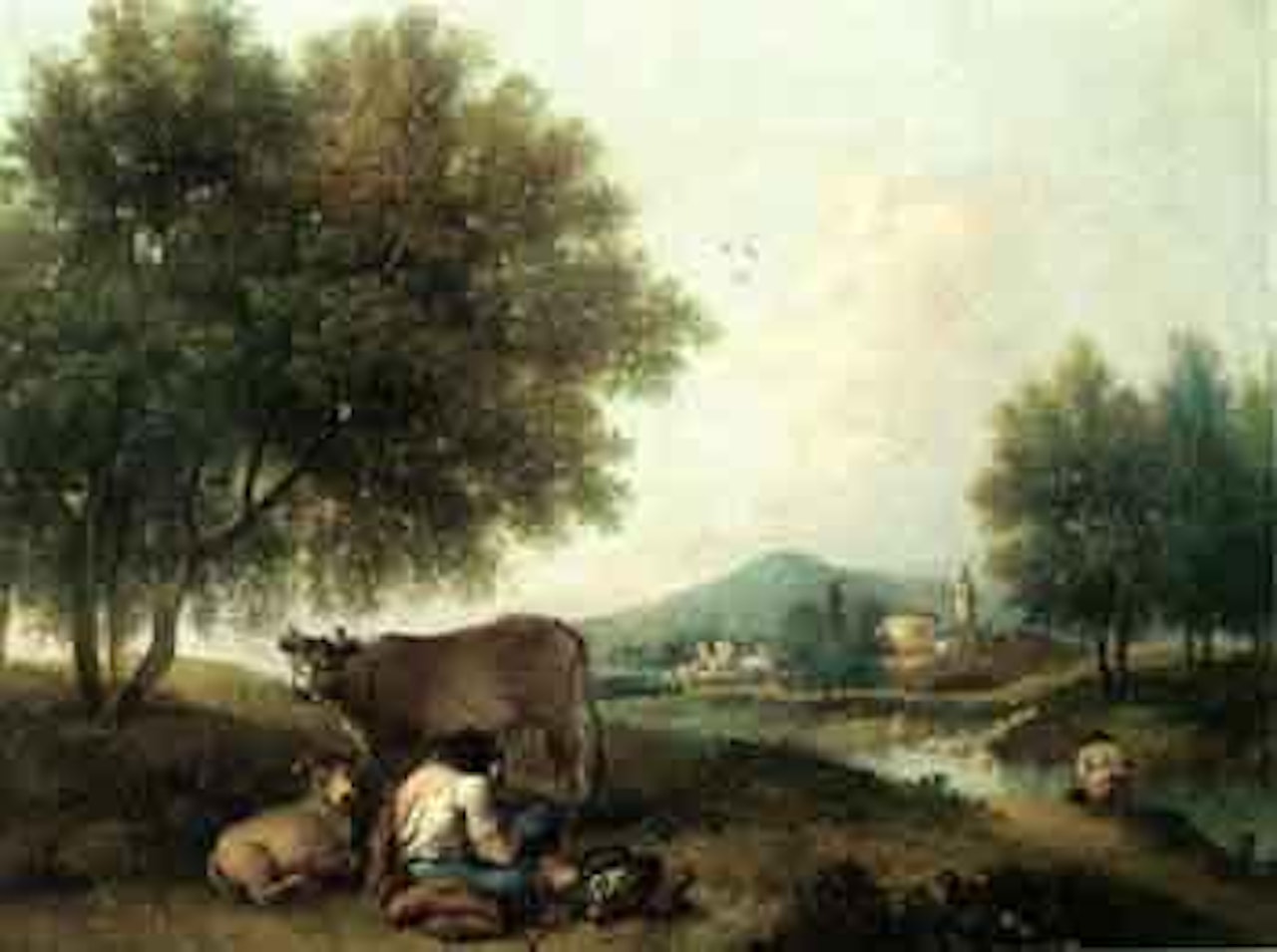 Wooded river landscape with herdsmen and cattle, town beyond by Francesco Zuccarelli