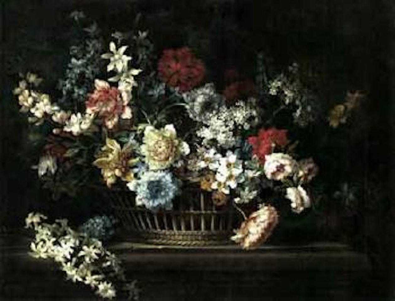 Peonies, narcissi, daffodils and other flowers in a basket on a stone ledge by Jean Baptiste Monnoyer