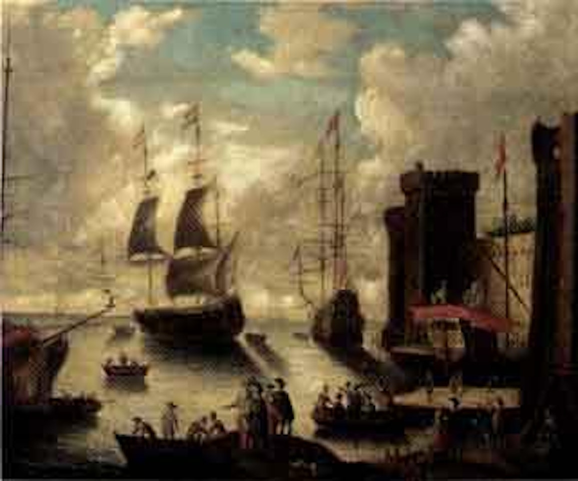 Fortified harbour with sailors and merchants on a quay. Coastal landscape with figures by Pieter van de Velde