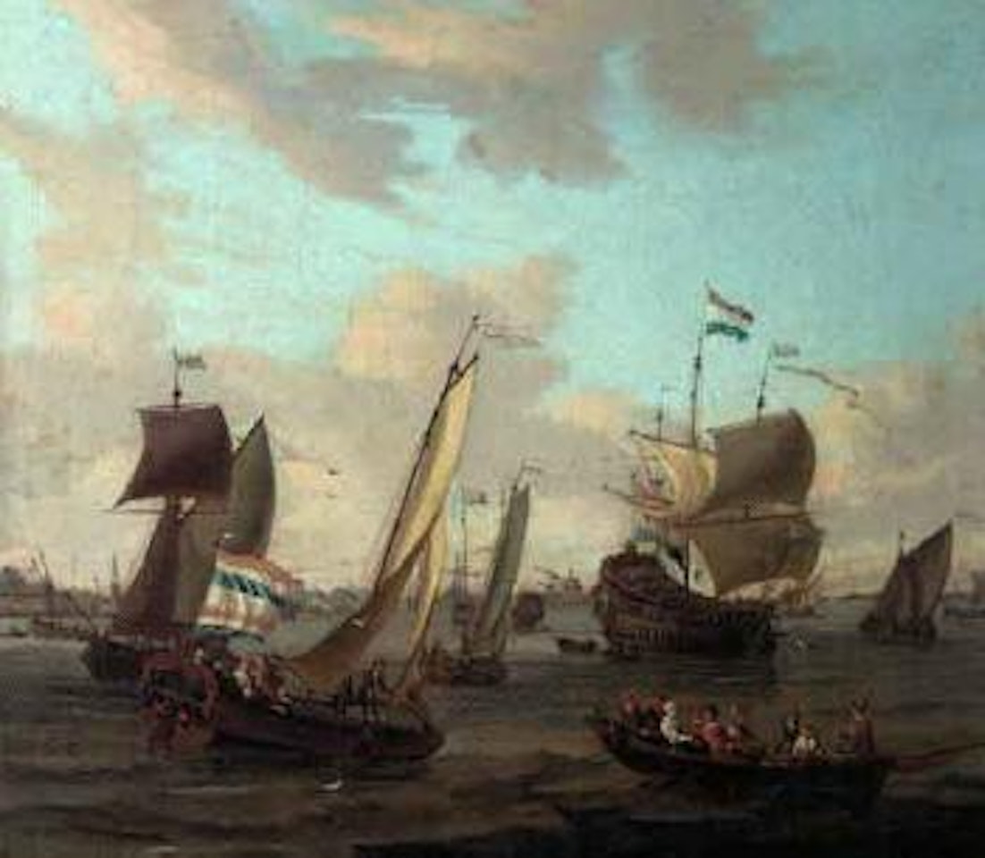 Shipping on the IJ off Amsterdam with a smalschip, Dutch man-o-war and other vessels by Abraham Storck