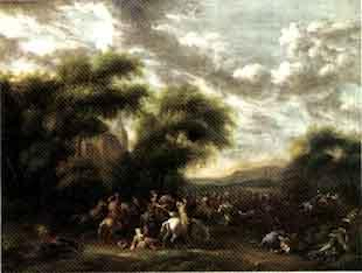 Cavalry skirmish in a wooded landscape by Philips Wouwerman