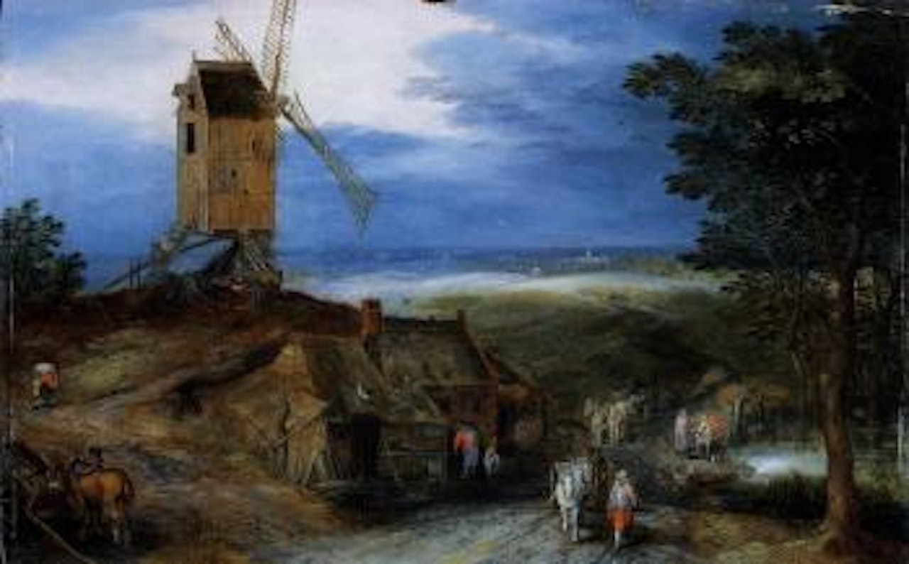 Extensive landscape with travellers passing a cottage and miller on his way to a window, town beyond by Jan Brueghel the Younger