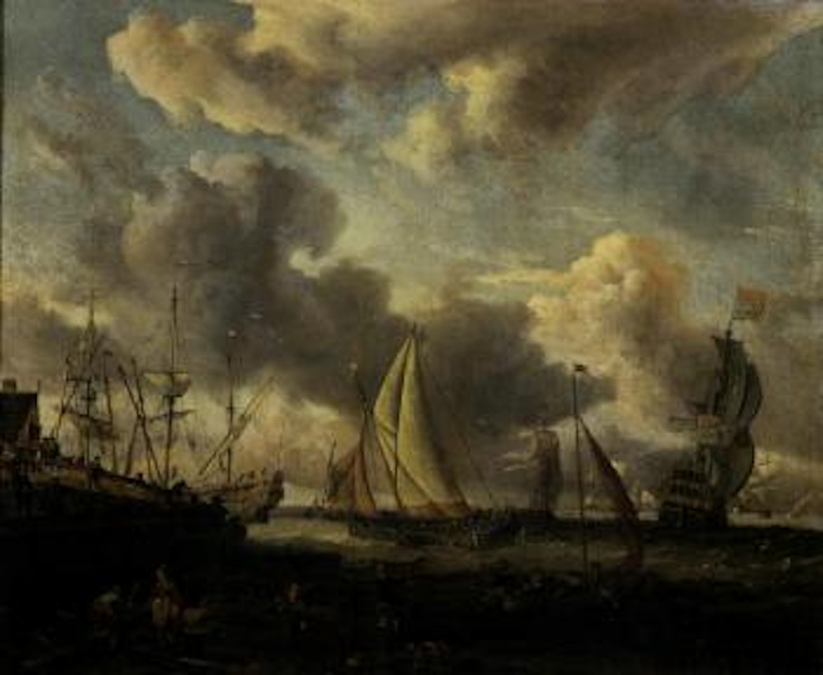 Seascape with Dutch shipping yard near a port by Abraham Storck