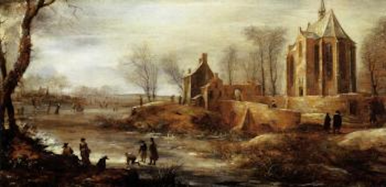 Winter landscape with figures skating on a frozen river by a church by Jan Abrahamsz. Beerstraten