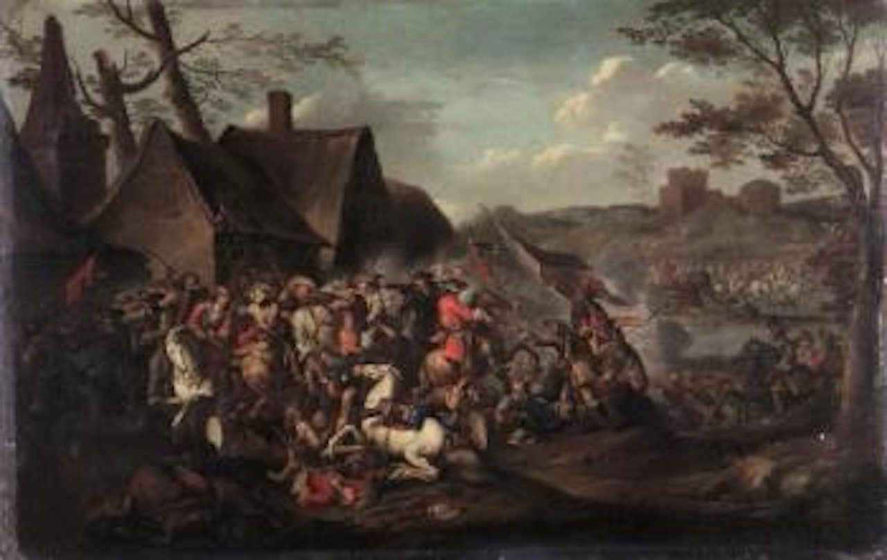 Cavalry battle by farmstead by Dutch School