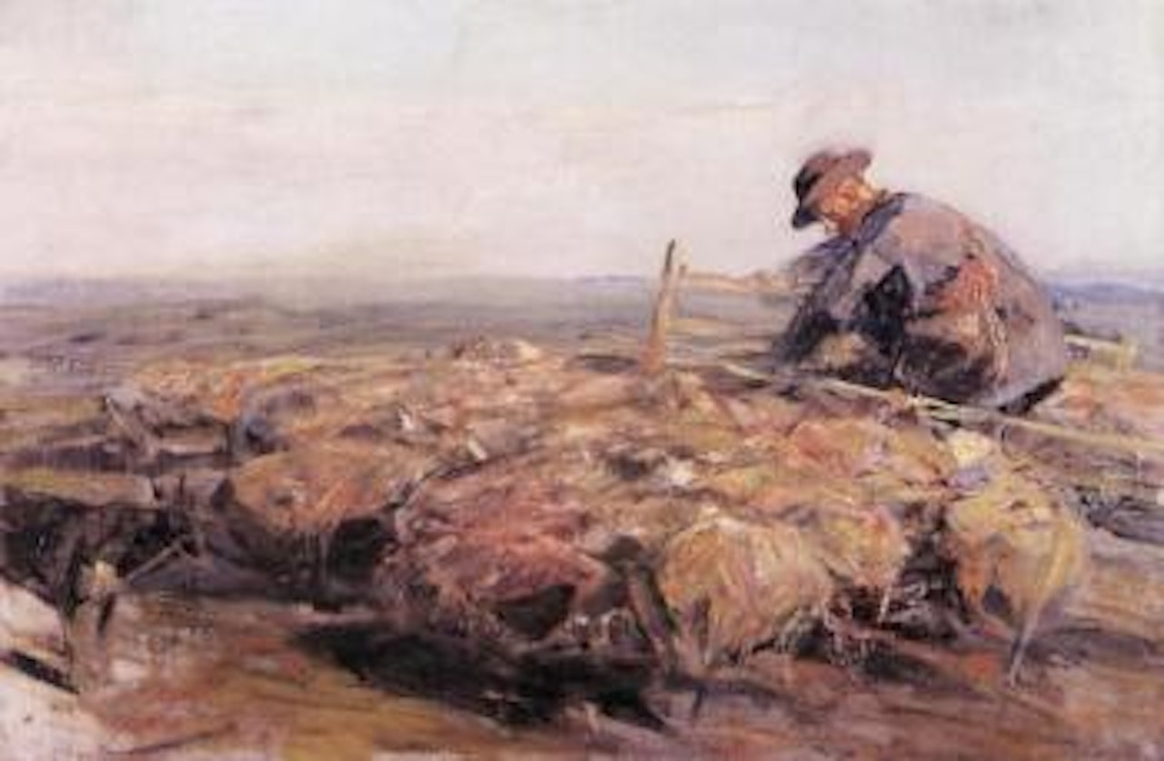 Flock of sheep with shepherd in evening by Heinrich von Zugel