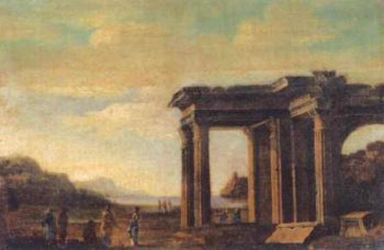 Arcadian landscape with figures by temple by Viviano Codazzi