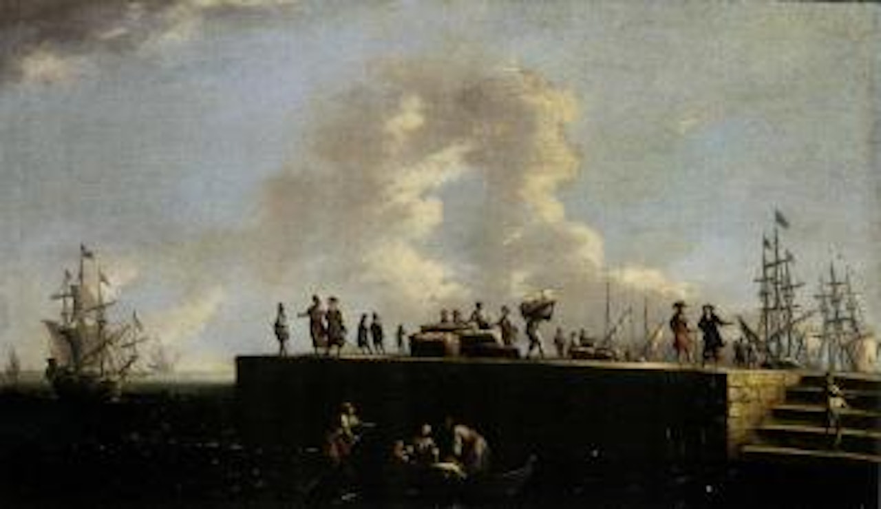 Mediterranean quay with sailors merchants and stevedores, men-o-war beyond by Cornelis de Wael