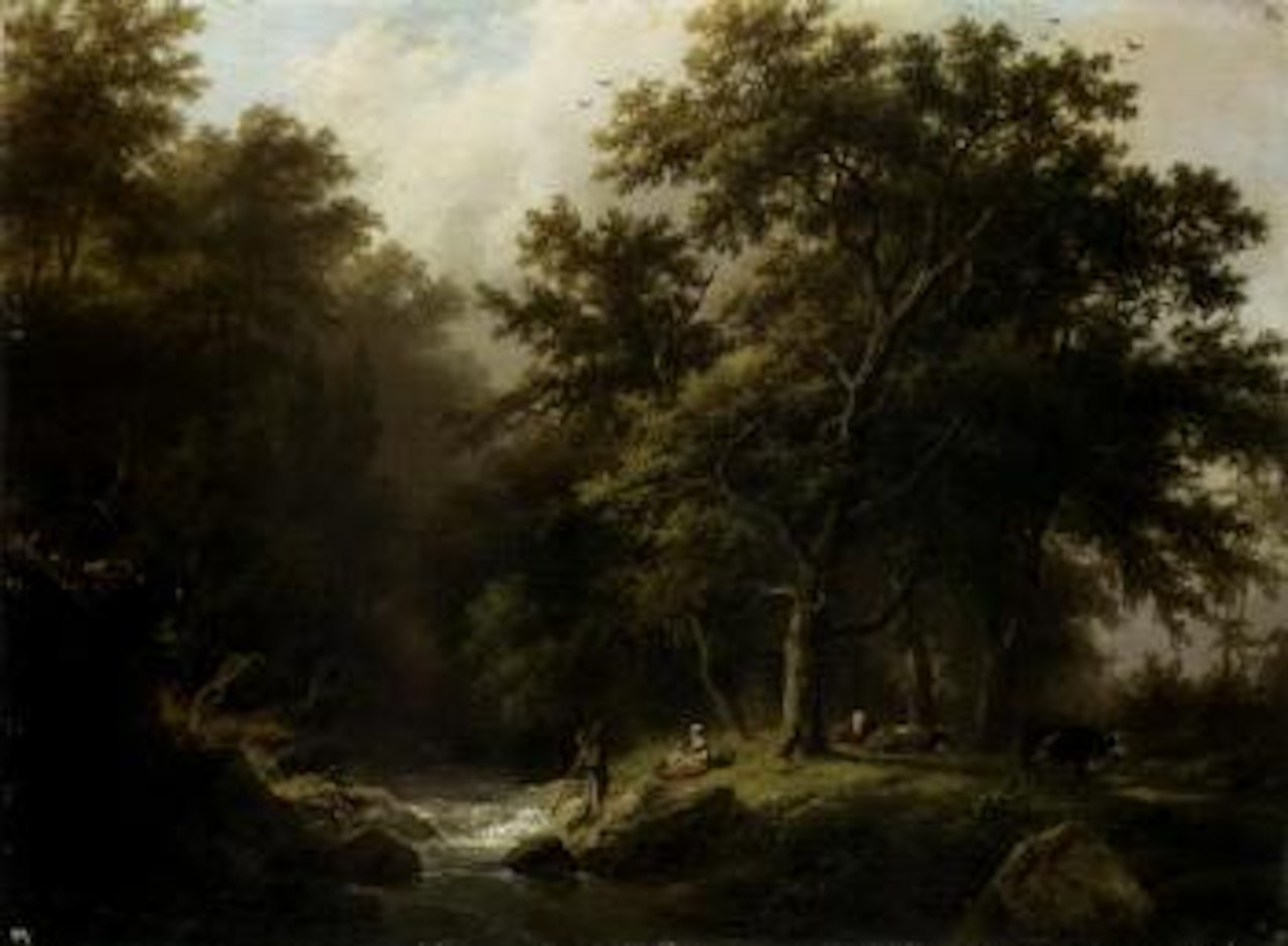 Bosch en heuvelachtig landschap met een stroomende beek by Barend Cornelis Koekkoek