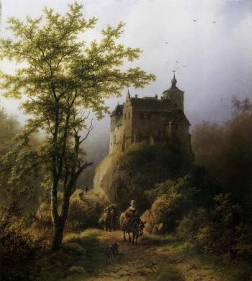 Berg en boomrijk landschap met een kasteel - a castle in a wooded valley by Barend Cornelis Koekkoek