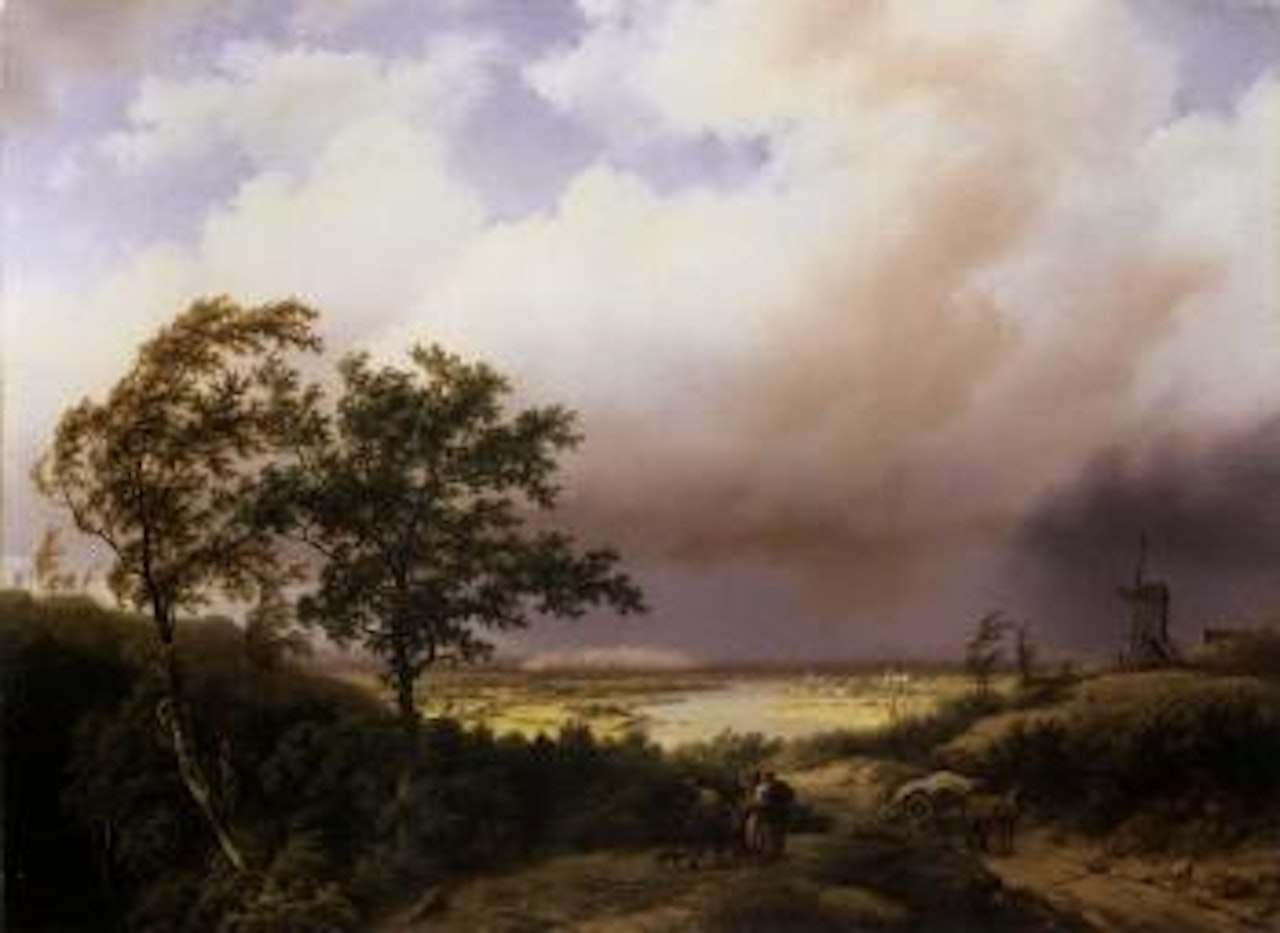 Gelders landschap bij afdrijvende donderbuij en brand in de verte by Barend Cornelis Koekkoek