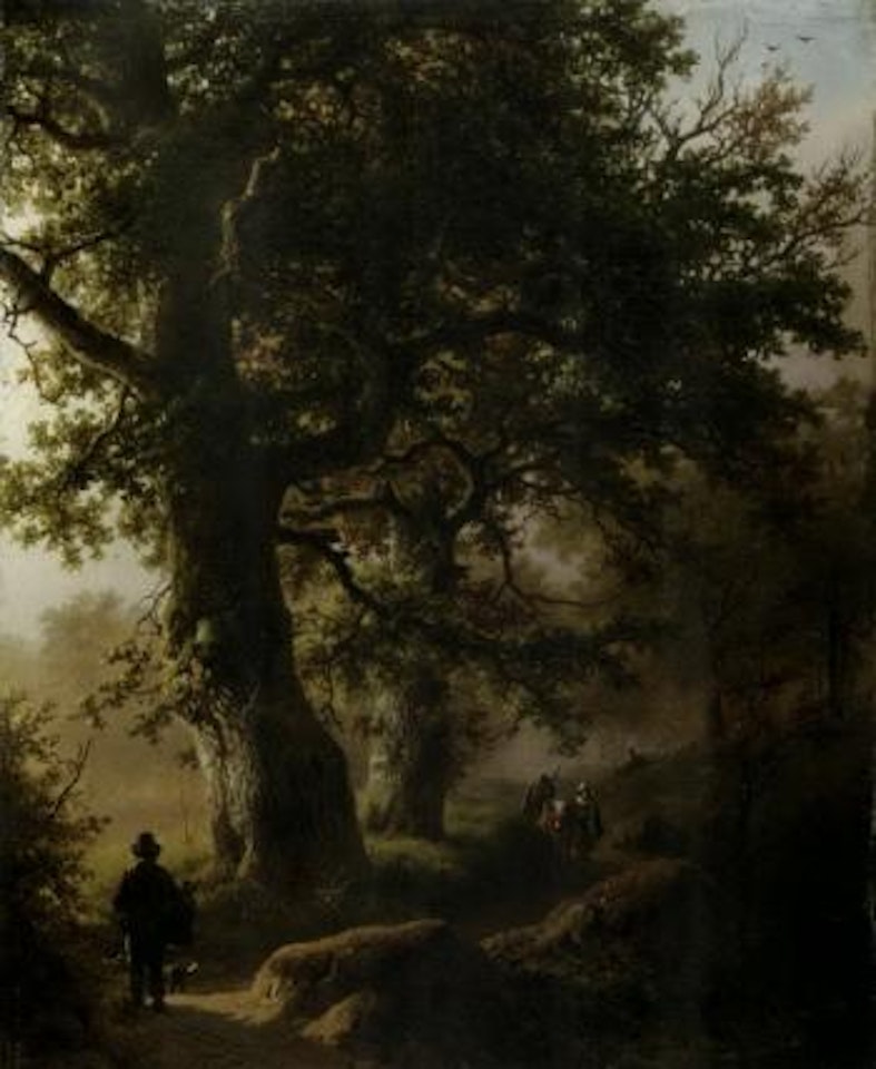 Boschgezigt bij morgenstond - travellers on a forest path by Barend Cornelis Koekkoek