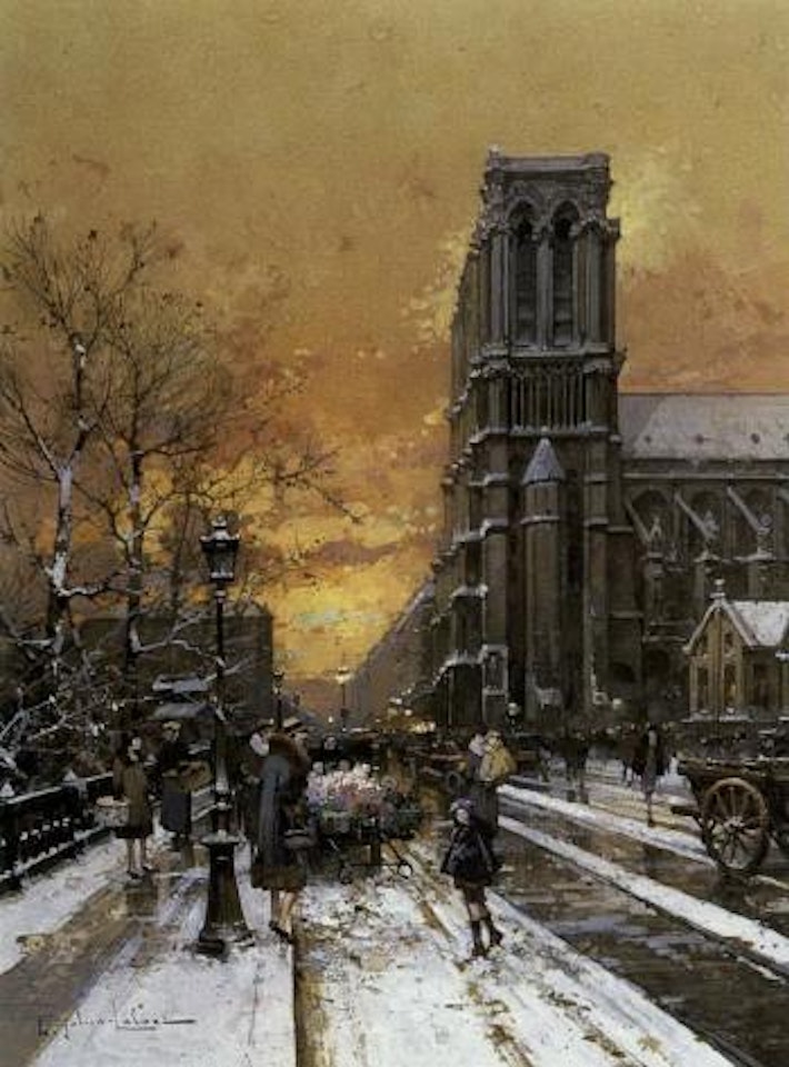 View of Notre Dame on a snowy day by Eugene Galien-Laloue