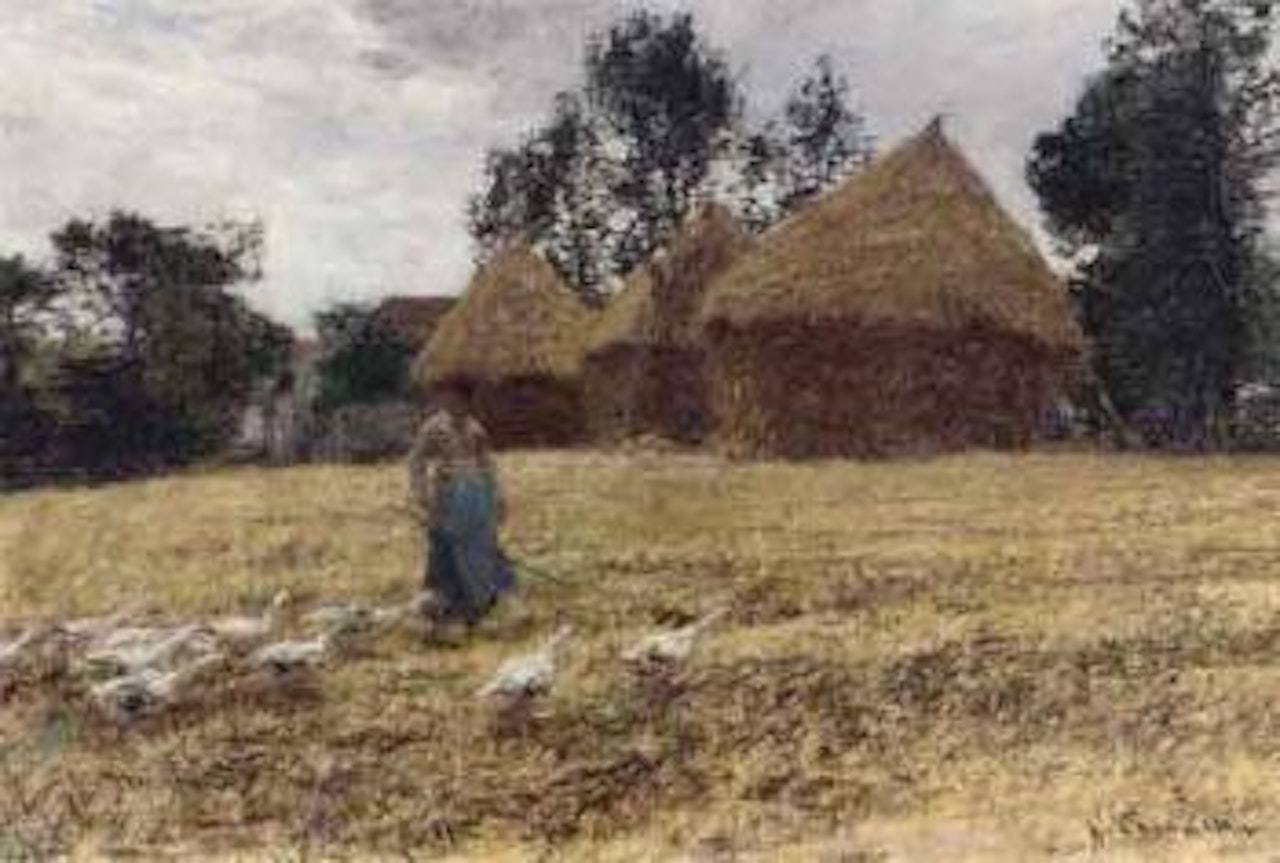 Le troupeau d'oies pres des meules by Léon Augustin Lhermitte