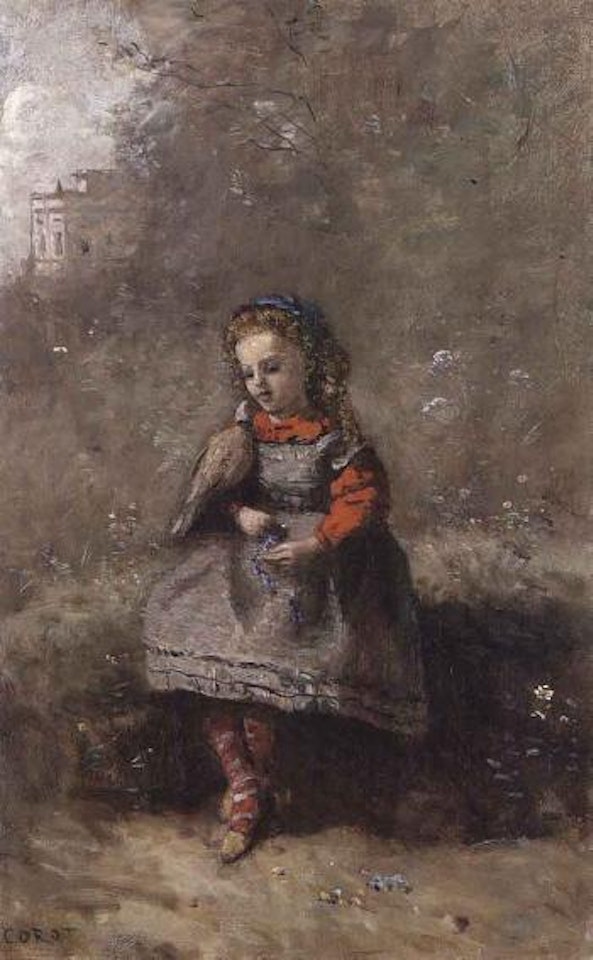 Mlle, Leotine Desavary tenant une tourterelle by Jean Baptiste Camille Corot