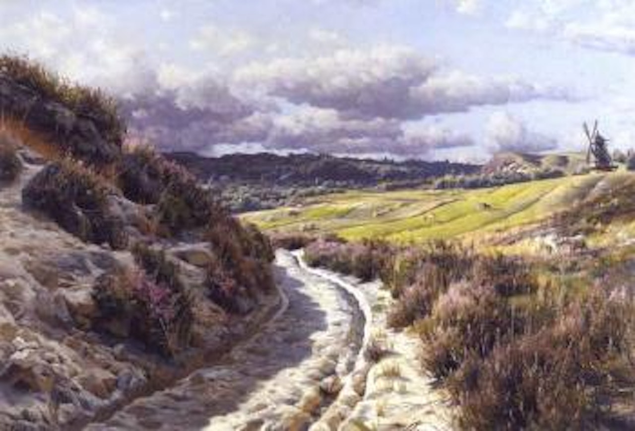 Country road in an extensive landscape with a windmill beyond by Peder Mork Monsted