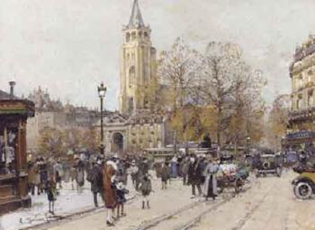 Busy Paris street with the church of St. Michael beyond by Eugene Galien-Laloue