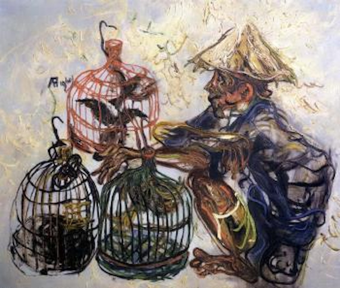 Old man with bird cage by Affandi