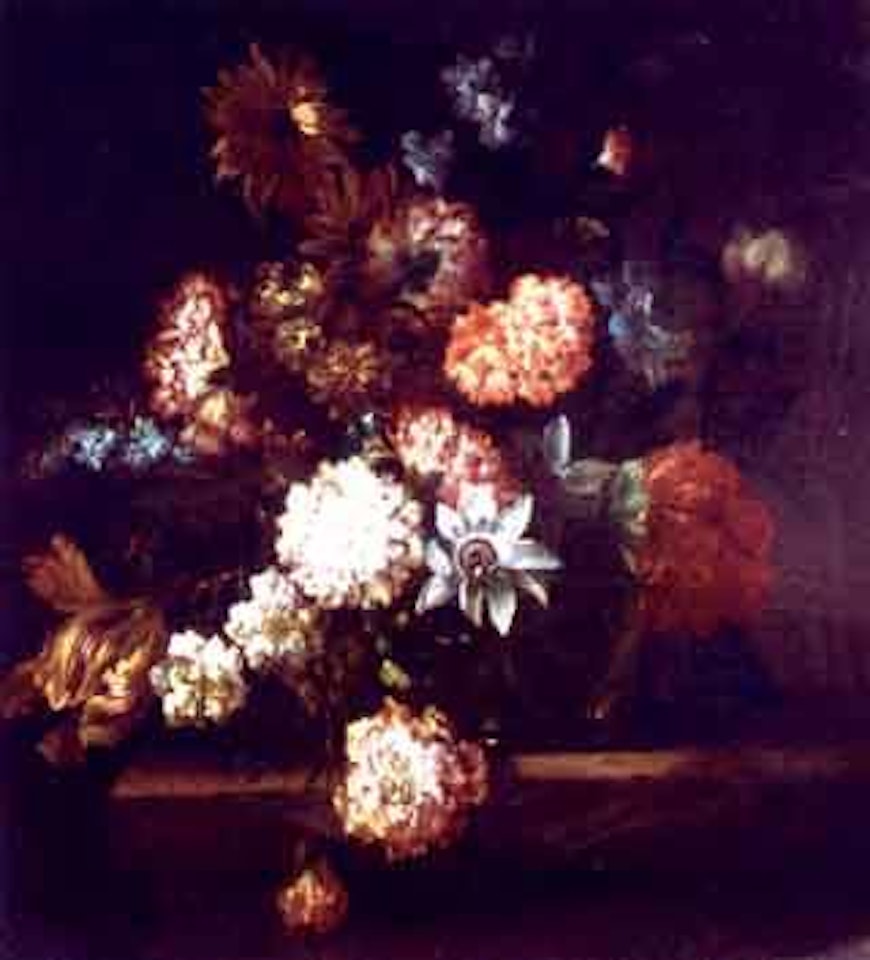 Still life with passion flowers and lilies unpon a stone ledge by Dutch School