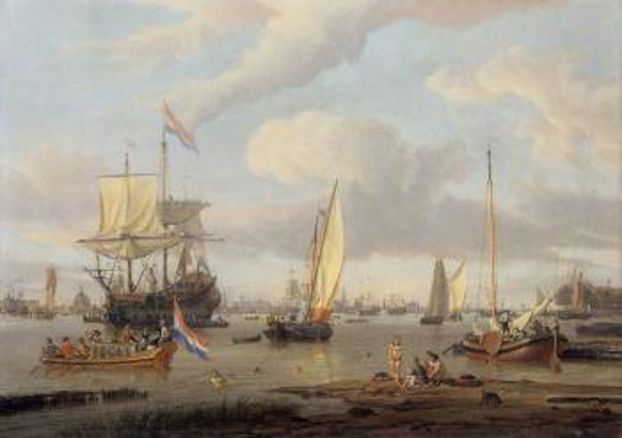 The IJ, Amsterdam with sailing vessels and bathers by Abraham Storck