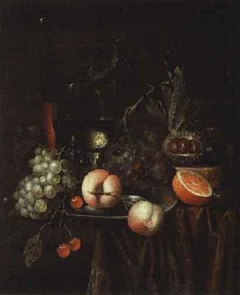 Roemer of white wine, glass of red wine, fruit and plate on a table by Jan Pauwel Gillemans