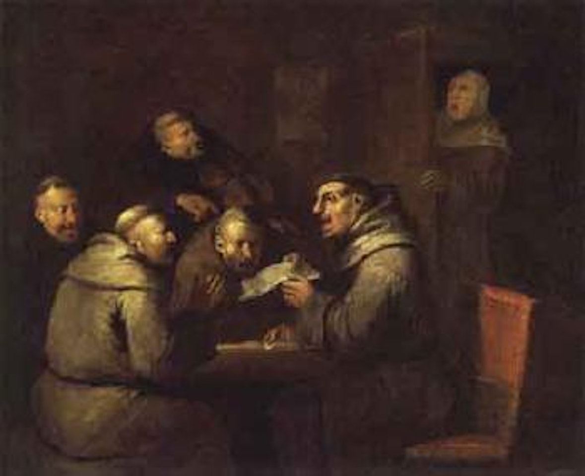 Monks making music in an interior by Egbert van Heemskerk III