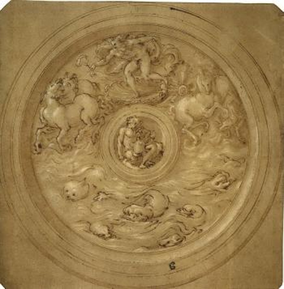 Design for a round platter, with chariot of Neptune and dolphins by Francesco Salviati