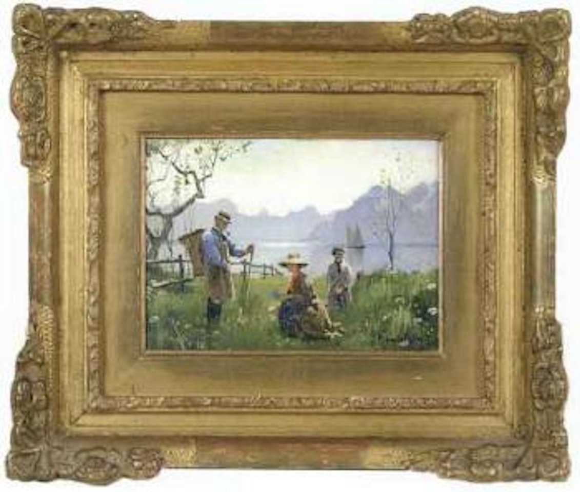 Family picking flowers by the sea by Peder Mork Monsted