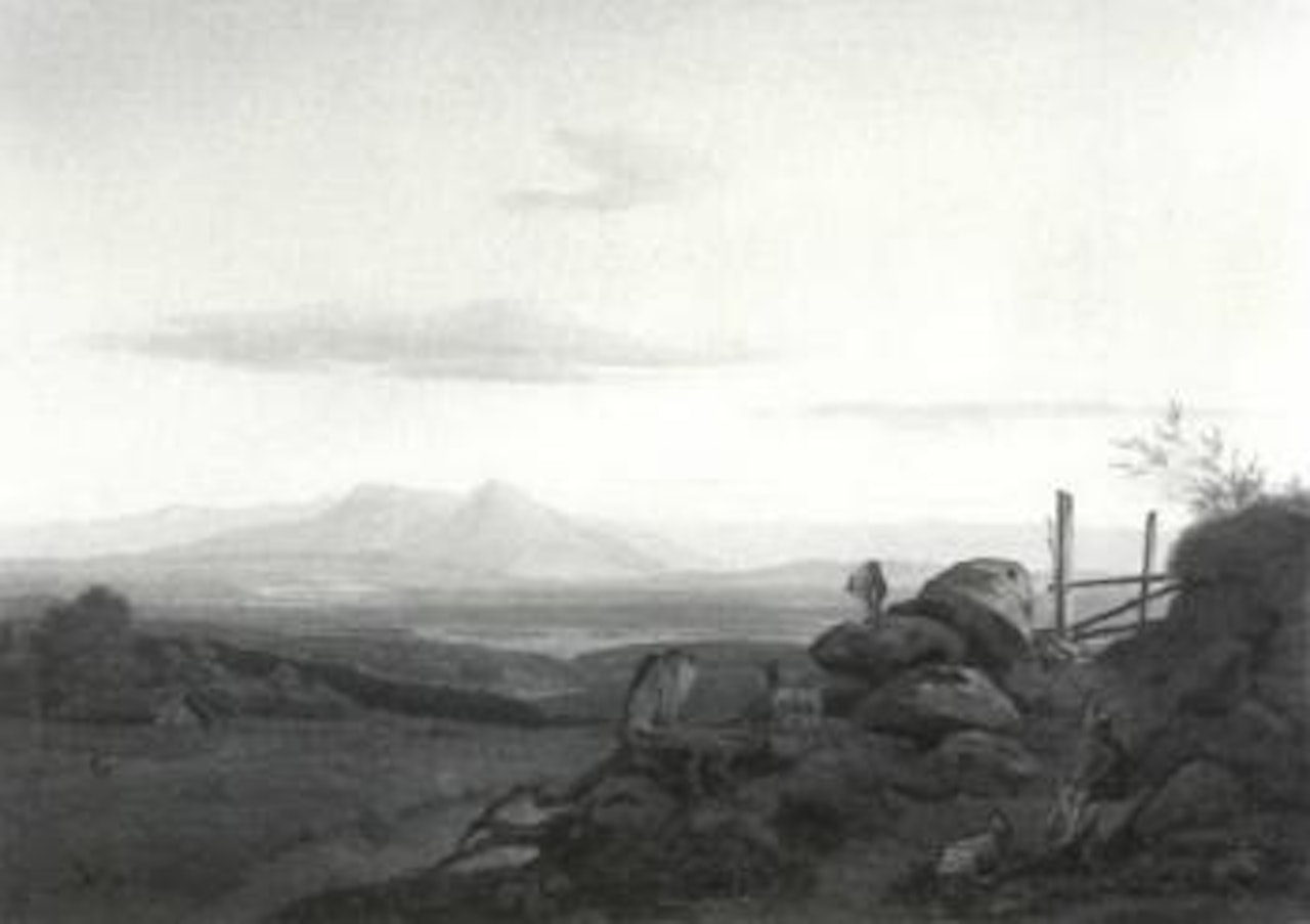 Extensive landscape with herder and goats by German School
