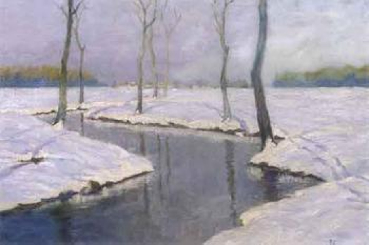Extensive snowy landscape with stream by Max Clarenbach