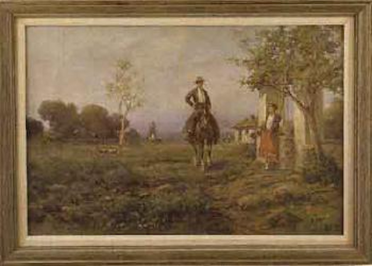 Landscape with man on horseback speaking to a woman by a well by Angel Espoy