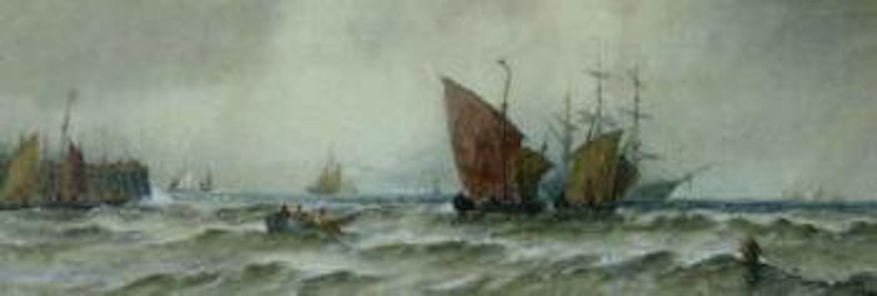 Fishing boats off Martello tower and harbour by Thomas Bush Hardy