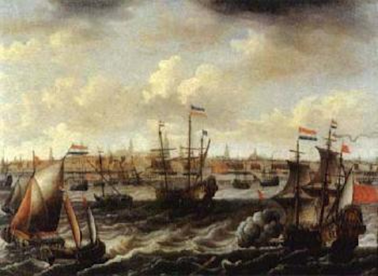 View of Amsterdam with a Dutch frigate firing salute by Pieter van de Velde