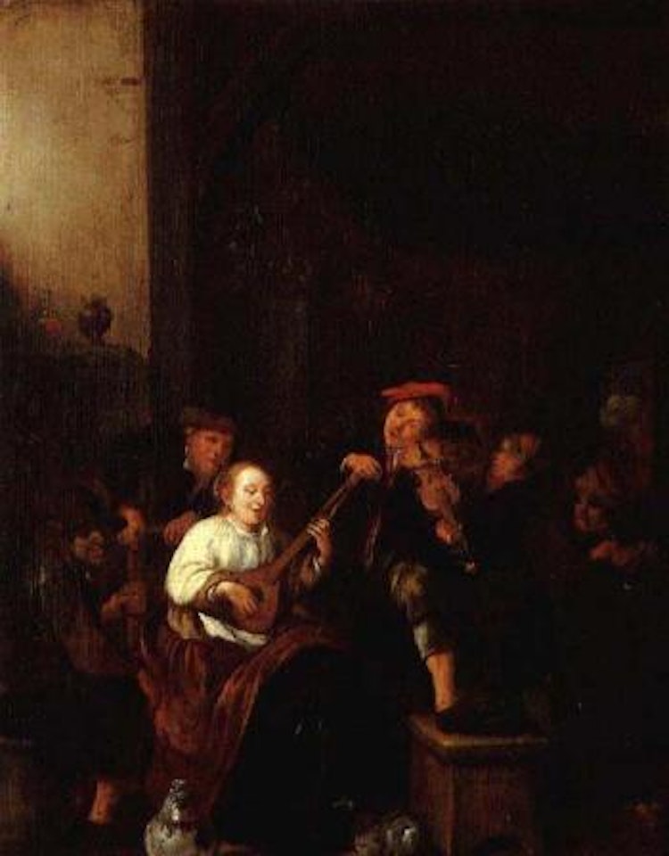 Tavern interior with a woman playing the lute, man playing the fiddle by Jan Miense Molenaer